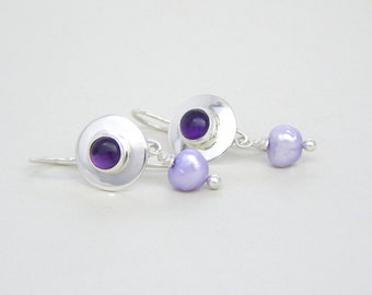 Silver, Amethyst and Freshwater Pearl Earrings