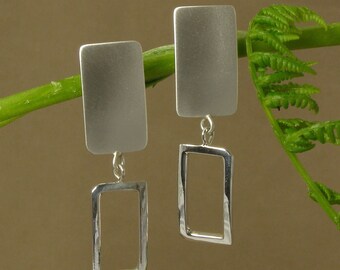 Geometric Rectangular Shape Earrings, Contrast Brushed and Polished Sterling Silver