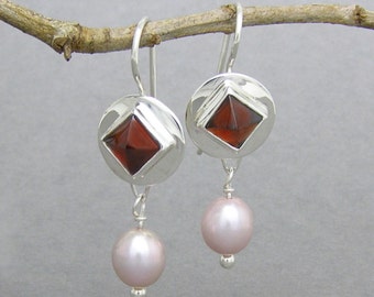 Garnet, Silver and Pink Freshwater Pearl Dangle Earrings