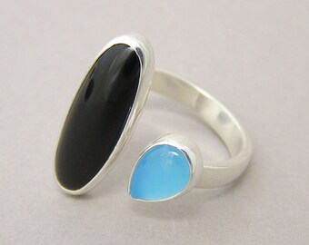 Onyx and Blue Chalcedony Modern Ring ~ Sterling Silver ~ Adjustable