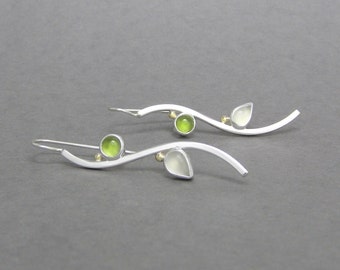 Peridot and Moonstone Curve Earrings  ~ With 14kt Gold Beads ~ August Birthstone