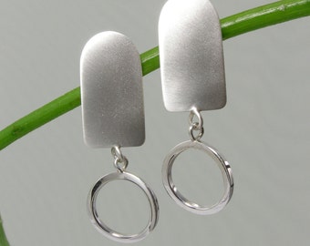 Geometric Shape Earrings, Arc and Circle, Contrast Brushed and Polished Sterling Silver