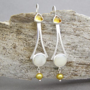 Yellow Citrine and Pearl Earrings ~ Sterling Silver  ~ Long Chandelier Earrings