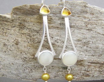 Yellow Citrine and Pearl Earrings ~ Sterling Silver  ~ Long Chandelier Earrings