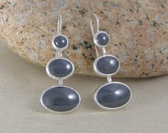 Three Stone Chandelier Earrings, Grey Hematite and Sterling Silver