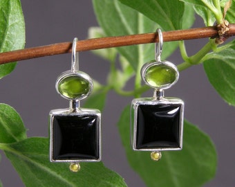 Peridot and Black Onyx Cabachon Earrings, Sterling Silver with 14 kt Gold Beads ~August Birthstone