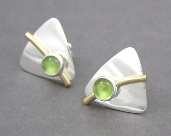 Peridot and Sterling Silver Triangle Post Earrings ~ Geometric Earrings ~ August Birthstone