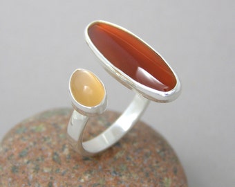 Carnelian and Peach Moonstone Ring ~ Sterling Silver ~ Adjustable Open Concept