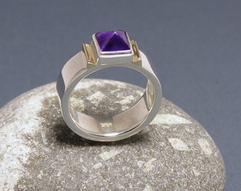 Wide Band Ring Amethyst and Sterling Silver Ring ~ With 14kt Gold
