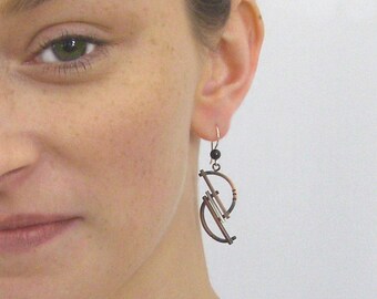 Geometric Modern Silver and Antique Copper Earrings