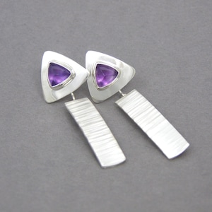 Amethyst and Silver Long Dangle Earrings ~ February Birthstone ~ Post Earrings ~ Hammered Silver