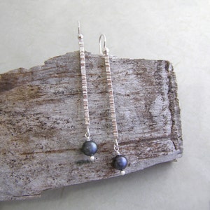 Long Black Pearl Drop Earrings ~ Hammered Silver and Black/ Grey/ Blue Green Freshwater Pearls