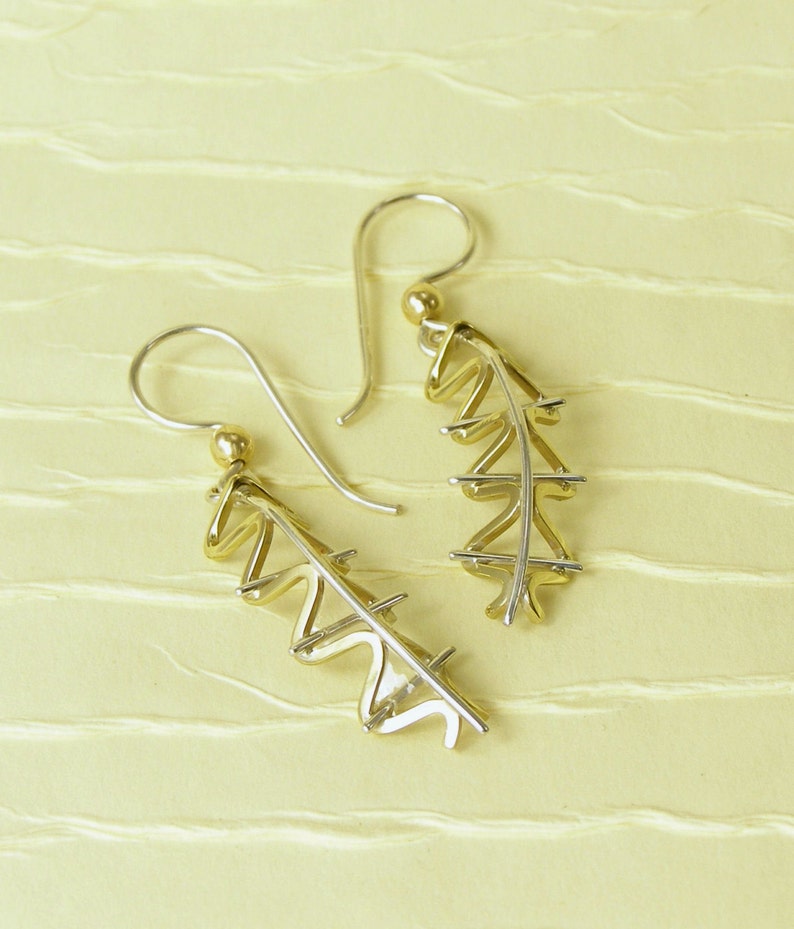 Mod Geometric Earrings, Bronze and Sterling Silver with 14kt Gold Bead image 3