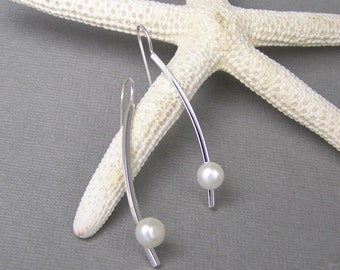 Modernist Pearl Earrings ~ Modern Bridal Earrings ~ Bridesmaid Gift ~ June Birthstone ~ Silver and White Pearls ~  Pearl Dangle Earrings