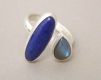 Blue Lapis and Labradorite Ring ~ Sterling Silver ~ Adjustable ~ Open Modern Design