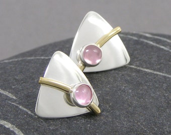 Triangle Earrings, Sterling Silver and Pink Sapphire with Bronze Arcs