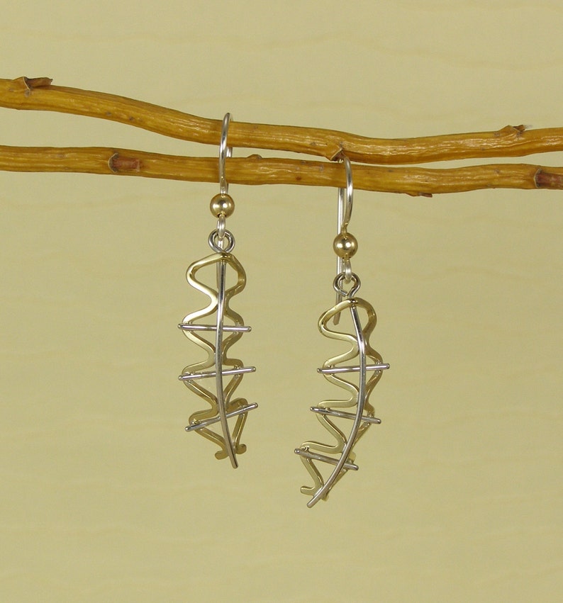 Mod Geometric Earrings, Bronze and Sterling Silver with 14kt Gold Bead image 1