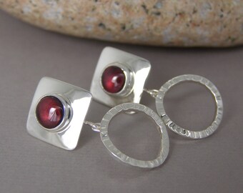 Garnet Cabachon Sterling Silver Post Earrings ~ August Birthstone ~ Hammered Silver