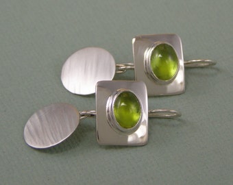 Peridot Earrings Geometric Contrast, Sterling Silver ~ August Birthstone