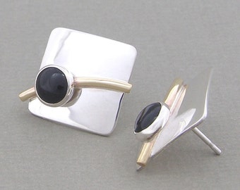 Black Onyx Silver Square Bronze Arc Earrings