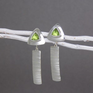 Peridot and Silver Long Dangle Earrings ~ August Birthstone ~ Post Earrings ~ Hammered Silver