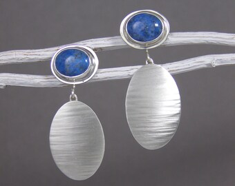 Lapis and Silver Long Dangle Earrings ~ Post Earrings ~ Hammered Silver