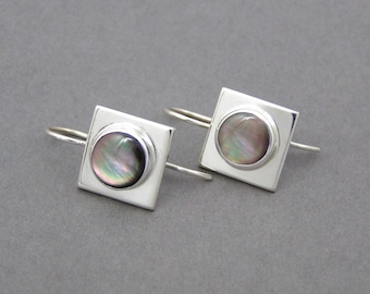 Square Mother of Pearl and Silver Earrings ~ Silver Grey Black Mother-of-Pearl