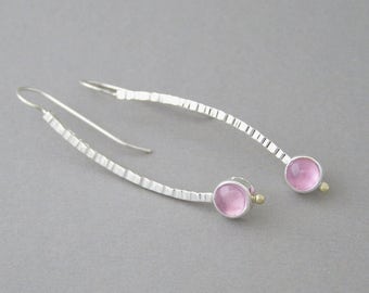 Pink Sapphire Hammered Sterling Silver Curve Earrings ~ Pink Stone Dangle Earrings