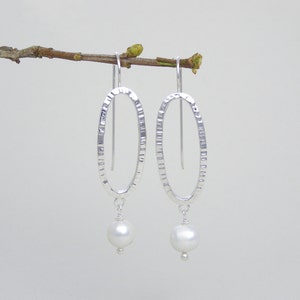 Silver and White Pearl Drop Dangle Earrings ~ Modern Wedding Earrings