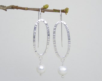 Silver and White Pearl Drop Dangle Earrings ~ Modern Wedding Earrings