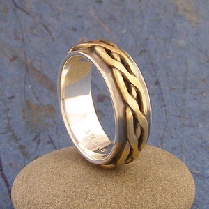 Men&#39;s Earthy Rustic Braided Antique Bronze and Sterling Silver Ring ~ Men&#39;s Wedding Ring ~ Hand Wrought