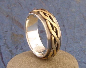 Men's Earthy Rustic Braided Antique Bronze and Sterling Silver Ring ~ Men's Wedding Ring ~ Hand Wrought