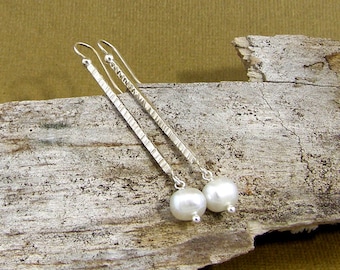 Long Pearl Drop Earrings ~ Hammered Silver and Large White Freshwater Pearls