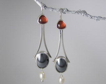 Garnet, Hematite, Pearl Earrings ~ Sterling Silver  ~ Long Dangle Chandelier Earrings