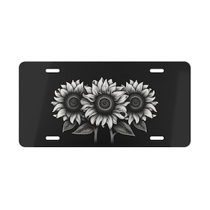ON SALE, Sunflower License Plate, Vanity Plate, Front of Car, Floral Design, Flowers, Black and White