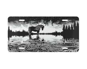 Placa decorativa de caballo en blanco y negro para la parte delantera del coche, accesorio para coche, placa de matrícula metálica, letrero para automóvil, decoración de vehículos