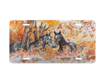 Caballos de otoño, árboles de naranjo, placa decorativa para la parte delantera del coche, accesorio para coche, placa de matrícula metálica, etiqueta para automóvil, regalo de cumpleaños