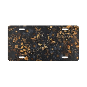 ON SALE, Black Flowers Golden Bees Vanity Plate, Front of Car, Car Decoration, Car Accessory, License Plate