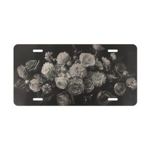 ON SALE, Flowers Vanity Plate Black White, Front of Car, Car Decoration, Car Accessory, License Plate
