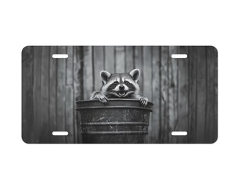 Smiling Racoon Trash Can Vanity Plate Black White Grey Front of Car Car Decoration Car Accessory License Plate Metal Sign Auto Tag