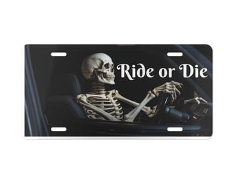 Tablica rejestracyjna z motywem szkieletu, tablica rejestracyjna Ride or Die, przód samochodu, czaszka, gotycki punk, metalowy znak, naklejka samochodowa, dekoracja pojazdu