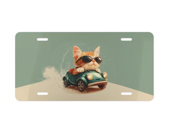 Oranje Kat Rijden Vanity Plate Cartoon Funny Silly Voorkant van auto Auto Decoratie Auto Accessoire Nummerplaat Metalen Bord Auto Tag