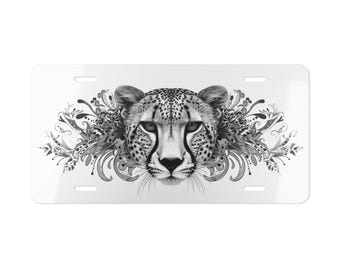 Cheetah Face Vanity Plate Black White Front of Car Car Decoration Car Accessory License Plate Metal Sign Auto Tag  Birthday Gift