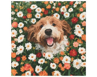Happy Dog in Flowers Car Magnet | Floral Pet Portrait Magnet Vehicle Decoration Outdoor/Indoor Square Magnet Durable Car Decor