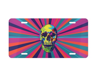 Colorful Skull Vanity Plate Radiating Colors Purple Blue Front of Car Car Decoration Car Accessory License Plate Vehicle Decoration