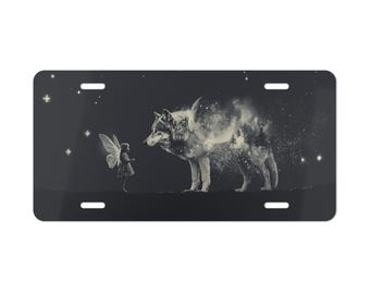 Placa de matrícula decorativa de aluminio para coche, diseño de lobo y hada, para decoración de coche, regalo de cumpleaños.