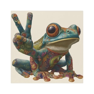 Könnte beinhalten: Ein blaugrüner Frosch mit großen dunklen Augen und hellem Bauch, der mit komplexen, mehrfarbigen Blumen- und Paisleymustern auf der Haut bedeckt ist. Der Frosch ist so dargestellt, dass ein Vorderbein erhoben ist und ein Friedenszeichen zeigt.