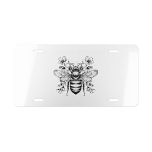 ON SALE, Bee with Flowers Vanity Plate White Black, Front of Car, Car Decoration, Car Accessory, License Plate