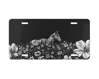 Placa decorativa de caballo y flores en blanco y negro para la parte delantera del coche. Decoración para coche. Accesorio para coche. Placa de matrícula metálica.