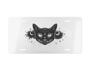 Celestial Black Cat Face Vanity Plate Front of Car Car Decoration Car Accessory License Plate Metal Sign Auto Tag  Birthday Gift